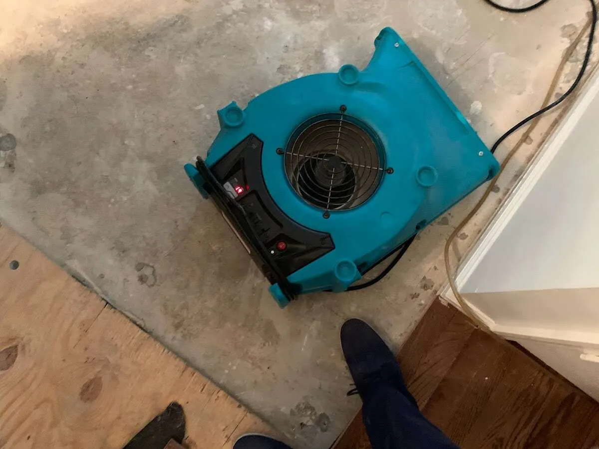 Air mover drying subfloor during Leak Detection & Repair in Pelham